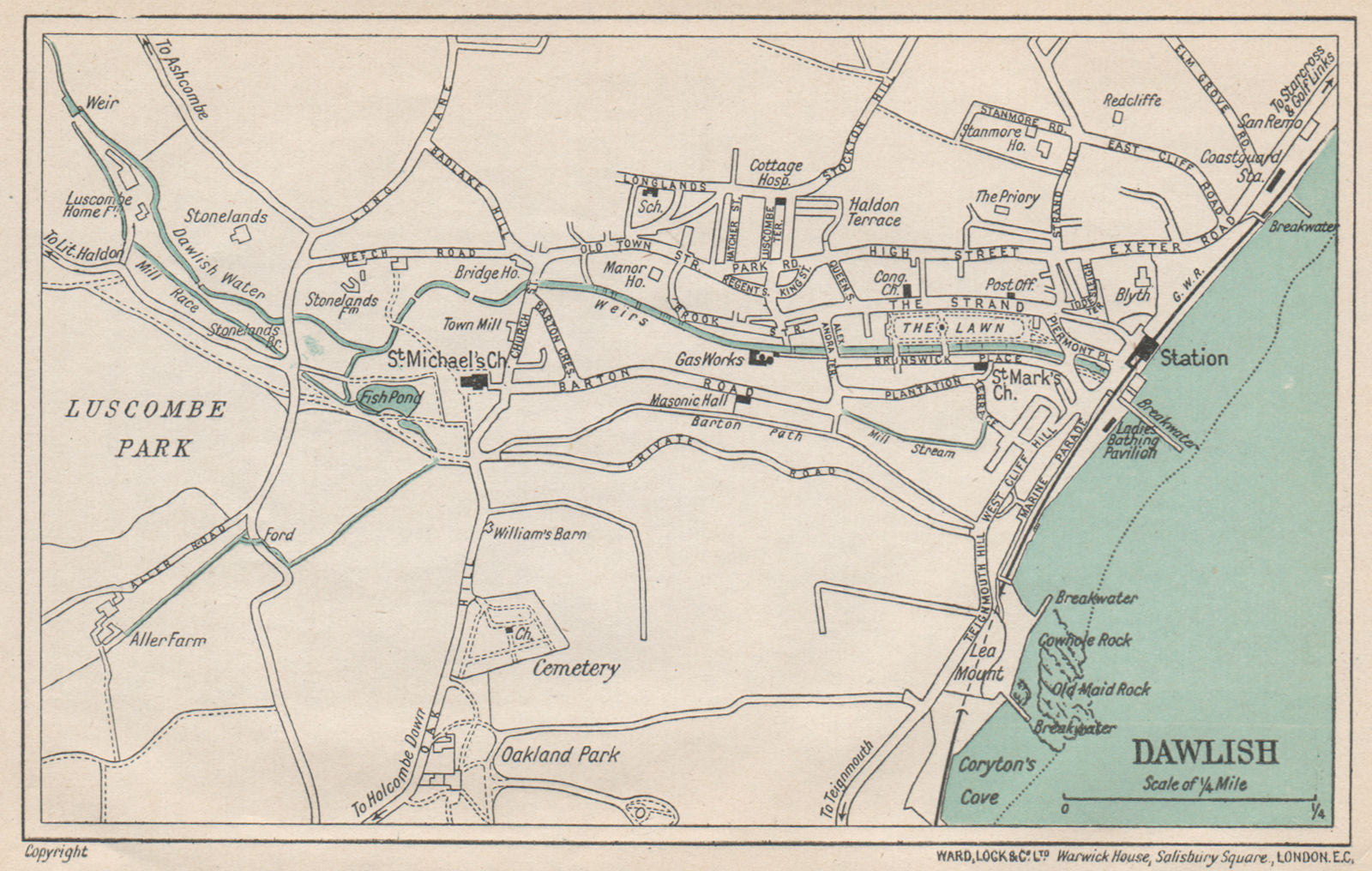 DAWLISH vintage town/city plan. Devon. WARD LOCK 1924 old antique map chart